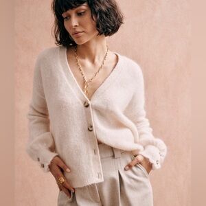 Sezane Women's Mia Natural Beige Wool Kid Mohair Comfy Cardigan Button Front XS